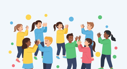 Fototapeta premium Joyful Children Celebrating Teamwork And Friendship With Colorful Clapping Fun