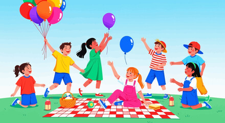 Fototapeta premium Joyful Children Celebrating Outdoors, Balloons, Picnic, Sunshine, and Happy Moments Together