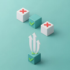 Decision Making Concept with Checkmark and Cross Symbols &ndash; Minimal 3D Illustration on Green Background