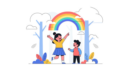 Fototapeta premium Joyful Children Discovering A Colorful Rainbow Under The Beautiful Sky