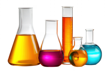 Colorful scientific laboratory glassware filled with various chemical liquids on transparent backdrop