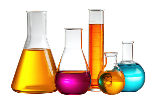 Colorful scientific laboratory glassware filled with various chemical liquids on transparent backdrop
