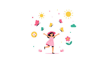 Joyful Girl Plays Happily While Dancing With Colorful Butterflies And Nature In The Background