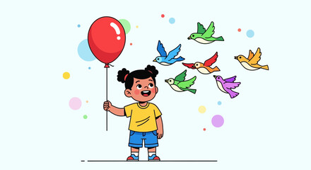 Joyful Girl With Red Balloon and Colorful Birds Representing Freedom and Cheerfulness