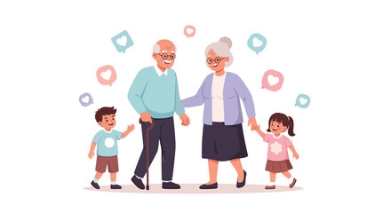 Joyful Grandparents And Grandchildren Enjoying A Pleasant Stroll, Symbolizing Family Bonds