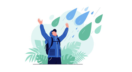 Joyful Hiker Embraces Rainfall Amidst Lush Foliage In Stylized And Minimalist Illustration
