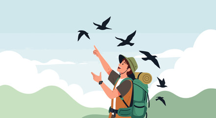 Joyful Hiker Gazing at Flying Birds Amidst Serene Natural Landscape Outdoors