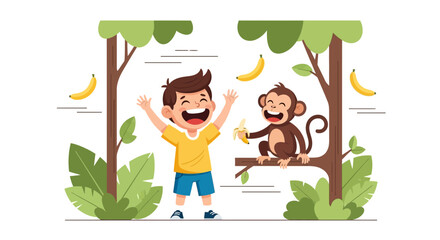 Joyful Interaction: A Young Boy's Delightful Encounter With a Playful Monkey