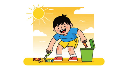 Joyful Kid Discarding Candies, Illustrating Health And Environmental Awareness