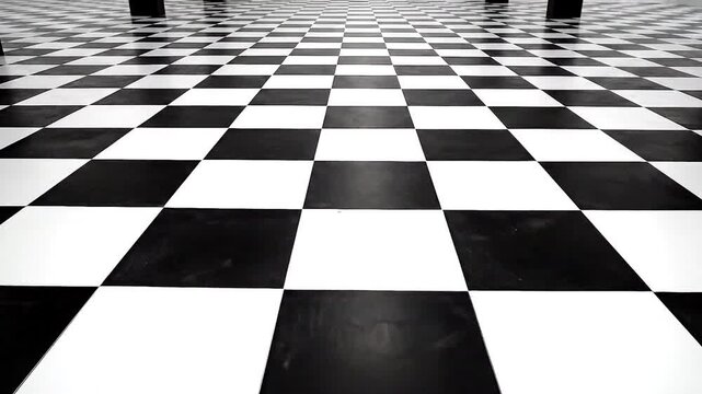 A checkerboard pattern floor with black and white squares receding into the distance