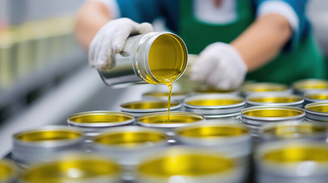 Tuna Factory, Factory worker pouring olive oil into cans in a production setting. - Powered by Adobe
