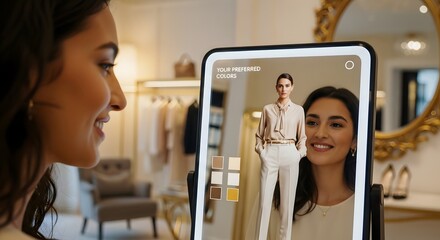 Young Woman Shopping for Clothing in Boutique Using Digital Fitting Mirror