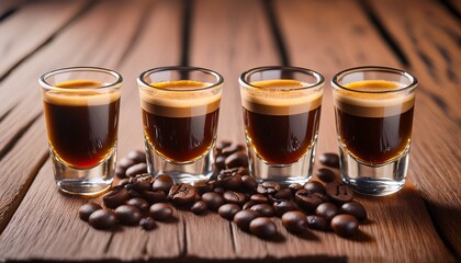 Four Alcohol Coffee Shot And Coffee Beans On The Wooden Table Panorama
