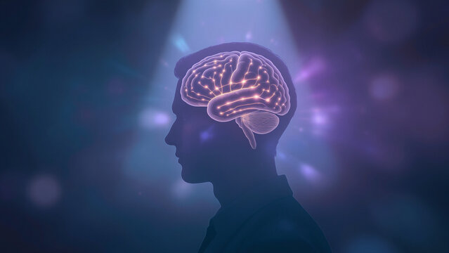Mental healthcare concept with glowing brain inside human head silhouette showing health stigma awareness