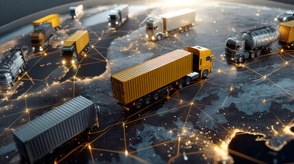 Miniature trucks travel across a glowing globe representing global transportation.