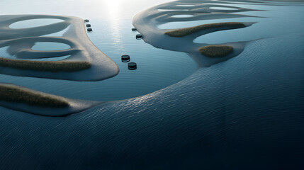 Futuristic architectural structures floating on a body of water with small dark objects.