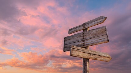 A weathered wooden signpost stands against a colorful sunset sky, directing towards various undefined paths.