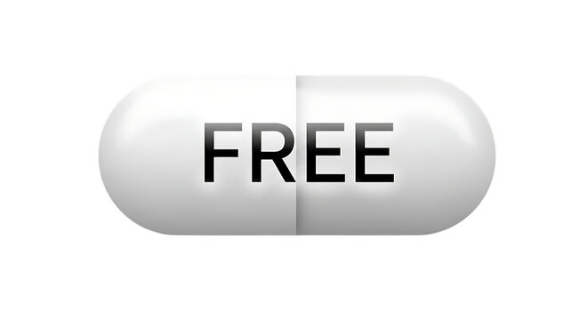 A single white pill with the word free printed in black text on a black background representing a free offer or giveaway