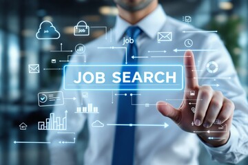 Businessman touching virtual "Job Search" interface with futuristic digital icons in modern office environment representing employment concept. Ai generative