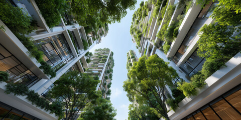 Decarbonization technologies investment for sustainable urban architecture in green environments aerial viewpoint