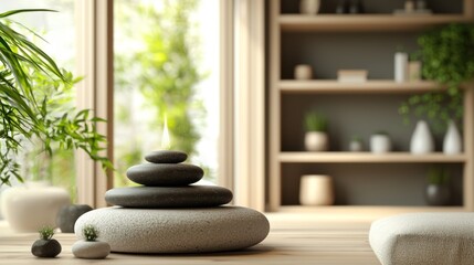 A serene interior scene features a carefully arranged Zen garden with a stack of smooth, dark stones balanced on a light-colored base. 