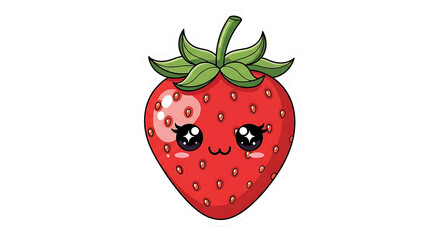 Obraz premium Adorable kawaii strawberry character with big sparkly eyes and cute green leaves on a black background
