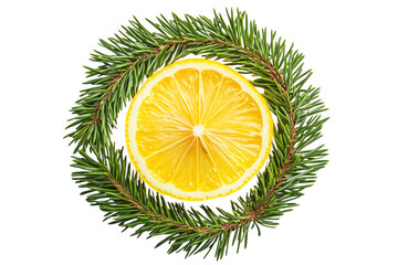 A bright lemon slice surrounded by evergreen branches against a striking transparent background