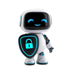 A cute, cheerful robot, 3D ai character, demonstrates concepts of cybersecurity and data protection, insurance coverage, and safety. GPT chatbot icon. Transparent background, PNG