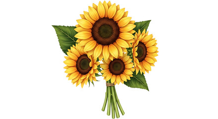 Obraz premium A vibrant bouquet of bright yellow sunflowers with dark centers and green leaves tied together with green stems against a stark black background