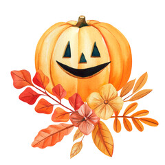 Autumn pumpkin jack o lantern with autumn red and yellow leaves and flowers seasonal watercolor illustration