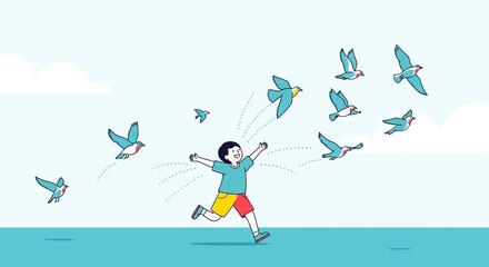 Fototapeta premium Joyful Kid Running In Pursuit, Watching Birds Taking Flight Towards The Sky Together