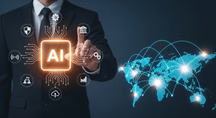 Artificial Intelligence Global Network with Futuristic Digital Icons and World Map Connections