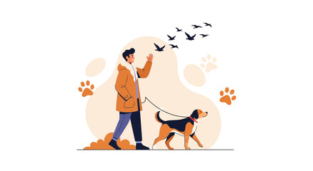 Joyful Man Walking Dog Outside While Encouraging Birds To Fly Towards The Sky