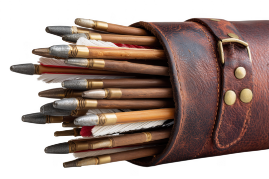 A close up shot of a leather quiver filled with vintage arrows against transparent background