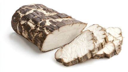 A log of dried shiitake mushrooms is presented on a white surface. The log is cut into several slices, showcasing the dark, textured exterior and the pale, creamy interior of the mushrooms. 