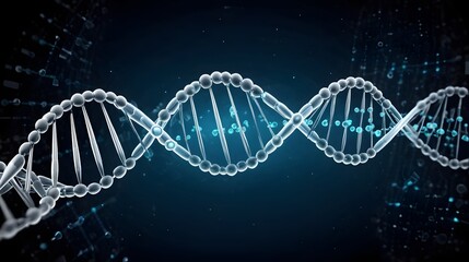 An abstract DNA double helix structure is displayed with depth of field on a dark blue background pattern.
