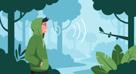 Man In Hooded Sweatshirt Listening To Birdsong In Serene Forest Environment