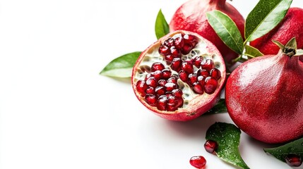 A close-up studio shot of three ripe pomegranates against a stark white background. One pomegranate is cut open, revealing its ruby-red seeds, while the other two remain whole.