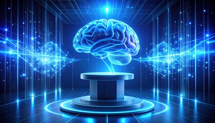 Glowing Human Brain Displayed on Futuristic Digital Podium.