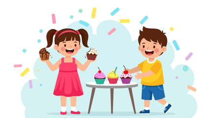 Kids Delightedly Holding Confections Next to Cupcakes, Sweet, Happy, and Scrumptious Dessert