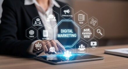 Obraz premium Digital Marketing Hexagon Icons SEO Blog Advertising Communication Network Viral