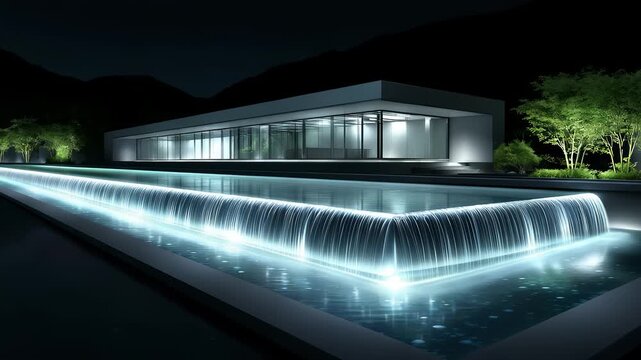 Modern Architecture Night Scene Water Feature Lighting Design Exudes Luxury