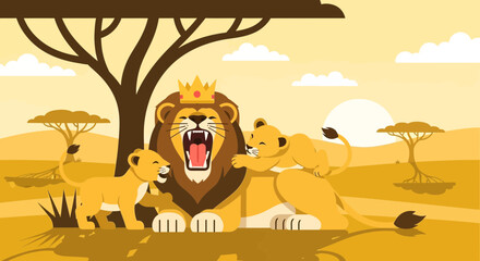 Majestic Lion Family Embracing: A Warm Embrace Under African Sunset Skies