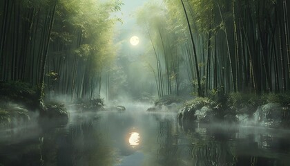 Obraz premium Moon Reflection on Bamboo Pond