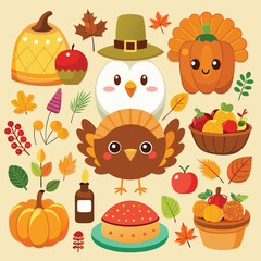 Thanksgiving table decoration collection. Vector illustration.