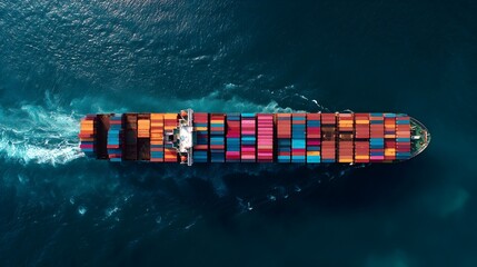 A cargo ship cuts through the vast, deep blue ocean, laden with containers, symbolizing global trade and maritime logistics.