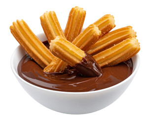 “Chocolate-Dipped Churros with Drizzle, isolated on a transparent background”.