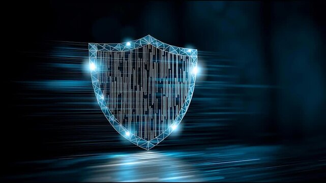 Digital Shield with Binary Code and Glowing Lights Representing Cybersecurity and Data Protection Technology
