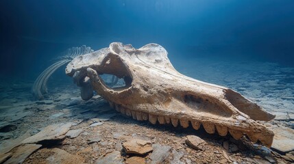 Fossilized whale skull with exaggerated cartoonish features, half-submerged in an ancient seabed.