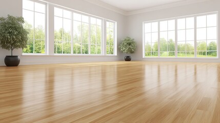 Fototapeta premium residential. Minimalist living room featuring white walls and wooden floors, bathed in natural ambient light for a clean aesthetic. real-estate listings.
